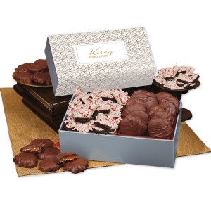 Peppermint Bark & Pecan Clusters in Gift Box with Silver & Gold Geometric Sleeve 1 Peppermint Bark & Pecan Clusters in Gift Box with Silver & Gold Geometric Sleeve 1
