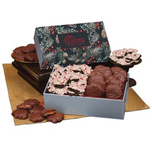 Peppermint Bark & Pecan Clusters in Gift Box with Pine Boughs & Berries Sleeve 1 Peppermint Bark & Pecan Clusters in Gift Box with Pine Boughs & Berries Sleeve 1