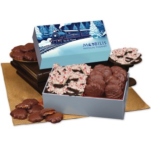 Peppermint Bark & Pecan Clusters in Gift Box with Holiday Train Sleeve 1 Peppermint Bark & Pecan Clusters in Gift Box with Holiday Train Sleeve 1