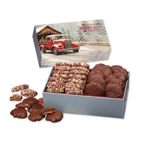 Toffee & Pecan Clusters in Gift Box with Red Truck on Bridge Sleeve 1 Toffee & Pecan Clusters in Gift Box with Red Truck on Bridge Sleeve 1