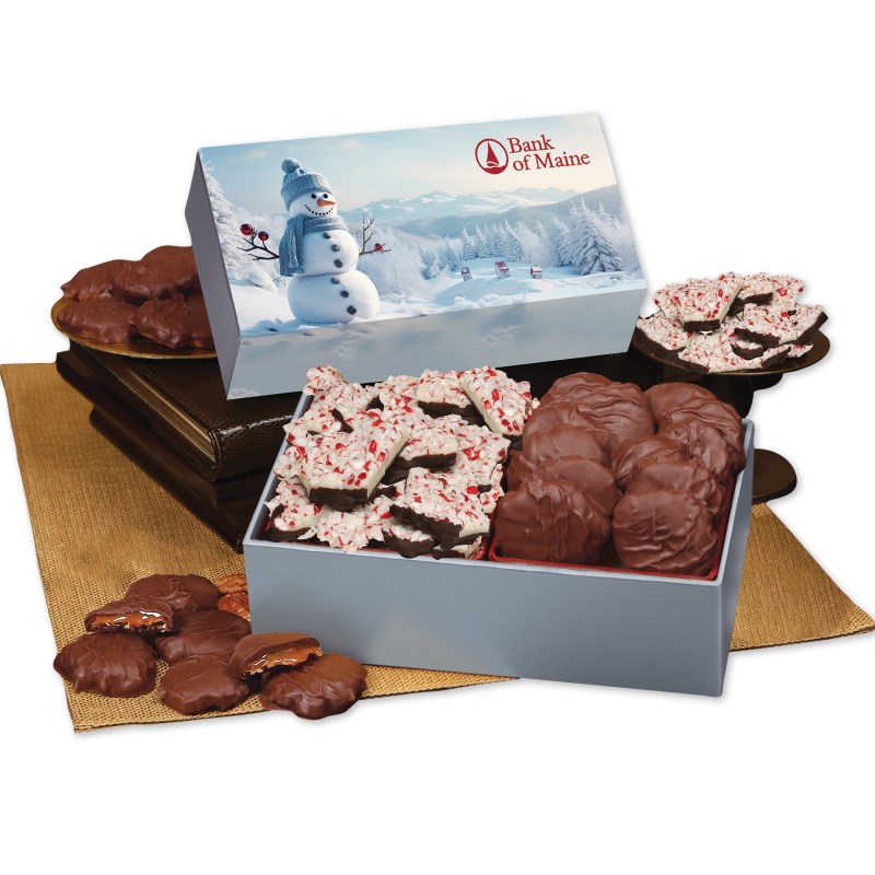 Peppermint Bark & Pecan Clusters in Gift Box with Blue Snowman Sleeve 1 Peppermint Bark & Pecan Clusters in Gift Box with Blue Snowman Sleeve 1