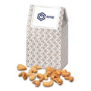 Silver & Gold Geometric Gable Top Gift Box w/Fancy Cashews 1 Silver & Gold Geometric Gable Top Gift Box w/Fancy Cashews 1