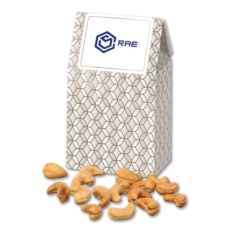 Silver & Gold Geometric Gable Top Gift Box w/Fancy Cashews 1 Silver & Gold Geometric Gable Top Gift Box w/Fancy Cashews 1