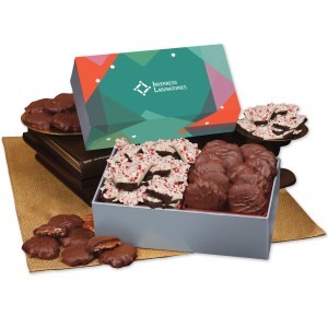 Peppermint Bark & Pecan Clusters in Gift Box with Green Geometric Sleeve 1 Peppermint Bark & Pecan Clusters in Gift Box with Green Geometric Sleeve 1