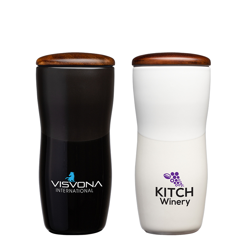 Tarrazu 12 oz. Double Wall Ceramic Tumbler w/ Wood Lid 1