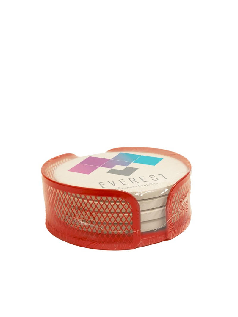 Red Mesh Holder Gift Set w/ 4 Round Coasters 1 Red Mesh Holder Gift Set w/ 4 Round Coasters 1