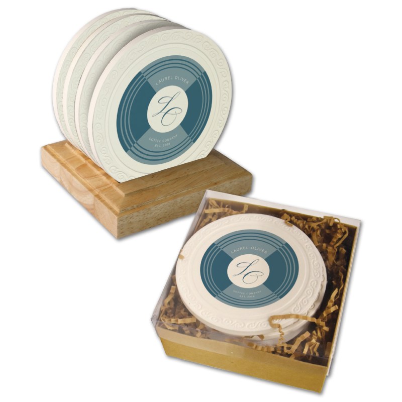 CoasterStone Wood Stand Gift Set w/ 4 Embossed absorbent coasters 1 CoasterStone Wood Stand Gift Set w/ 4 Embossed absorbent coasters 1