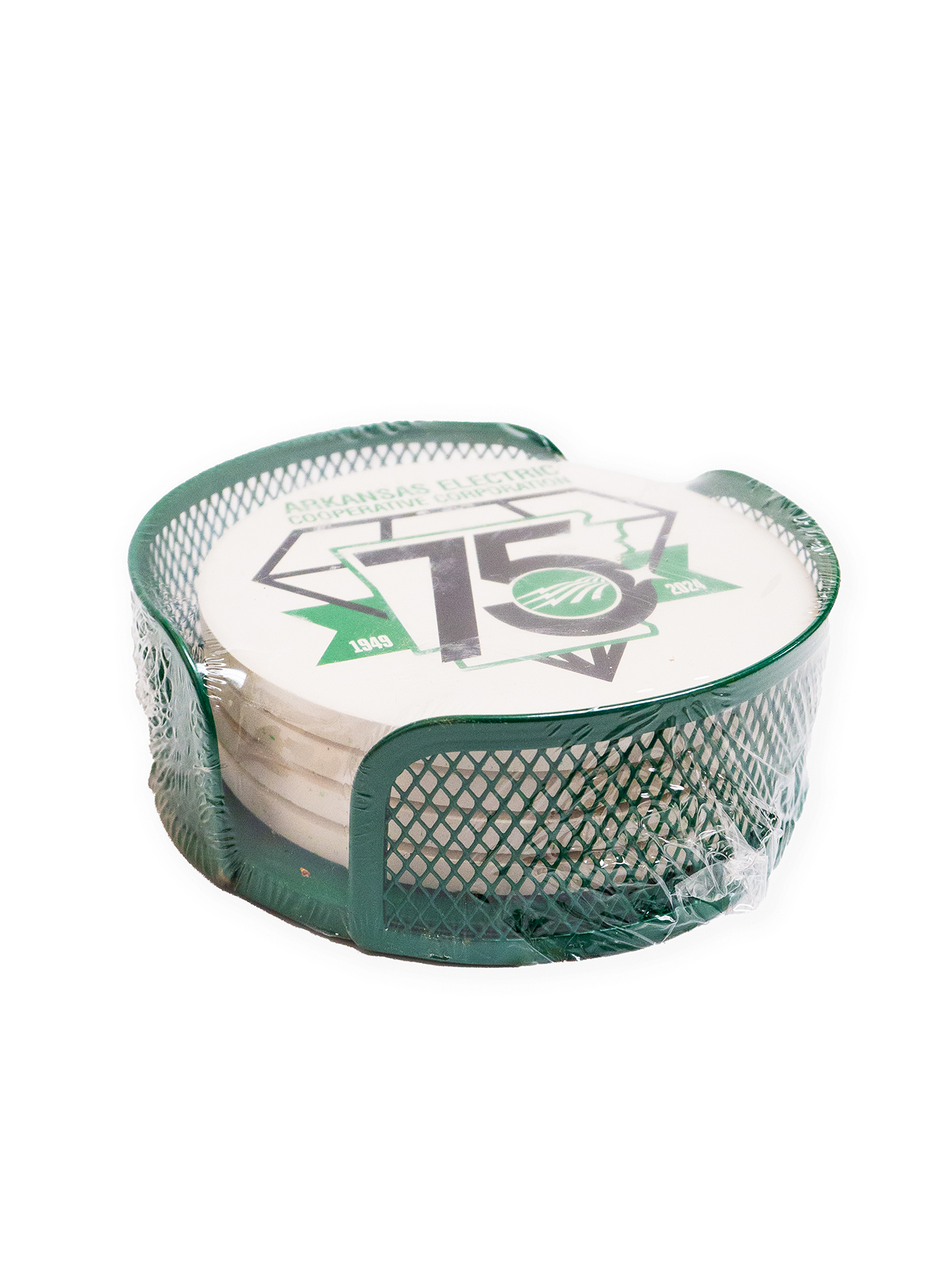 Green Mesh Holder Gift Set w/ 4 Round Coasters 1