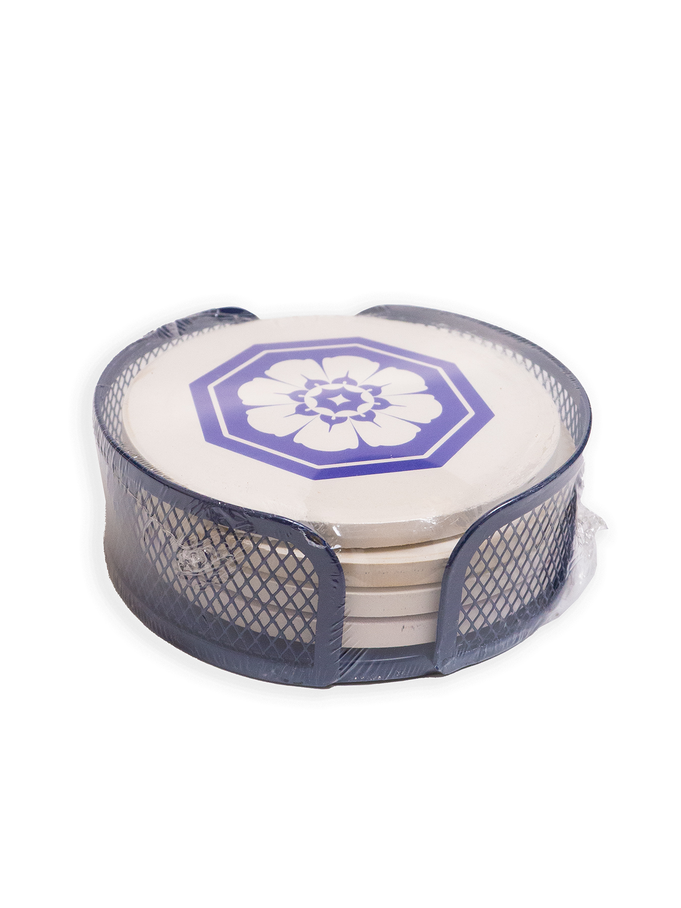 Blue Mesh Holder Gift Set w/ 4 Round Coasters 1