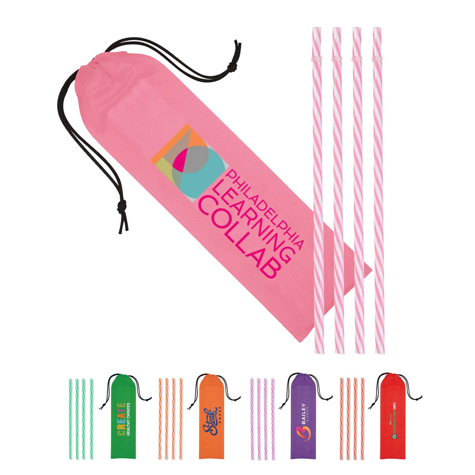 Reusable Straws in Full Color Drawstring Pouch 1