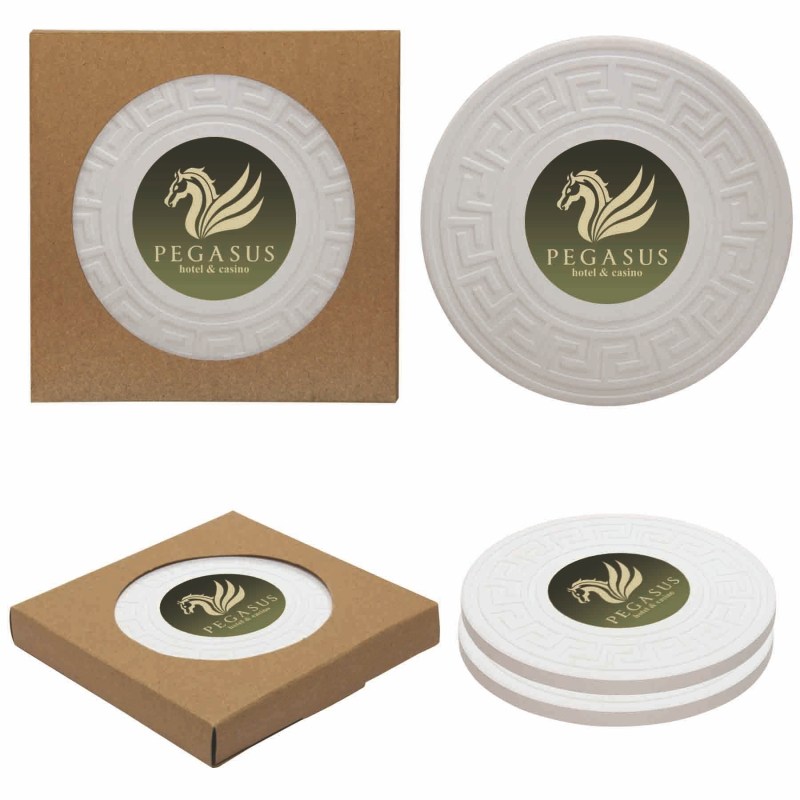 Round Greek Key Absorbent Stone Coaster Duo 1 Round Greek Key Absorbent Stone Coaster Duo 1