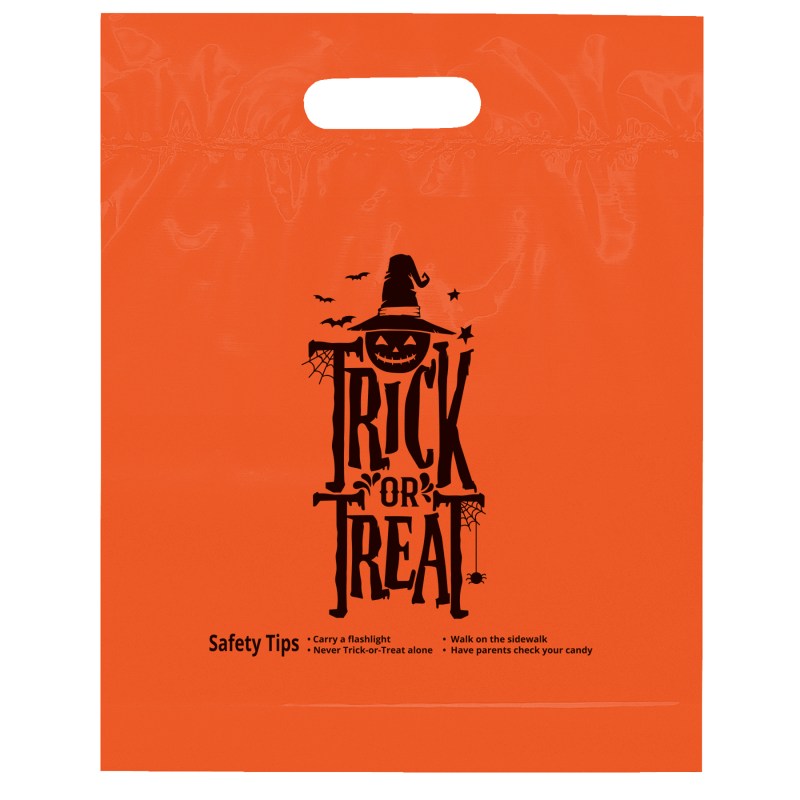 Trick or Treat Pre-Printed Orange Die Cut Handle Halloween Bags - Flexo Ink Print 1 Trick or Treat Pre-Printed Orange Die Cut Handle Halloween Bags - Flexo Ink Print 1