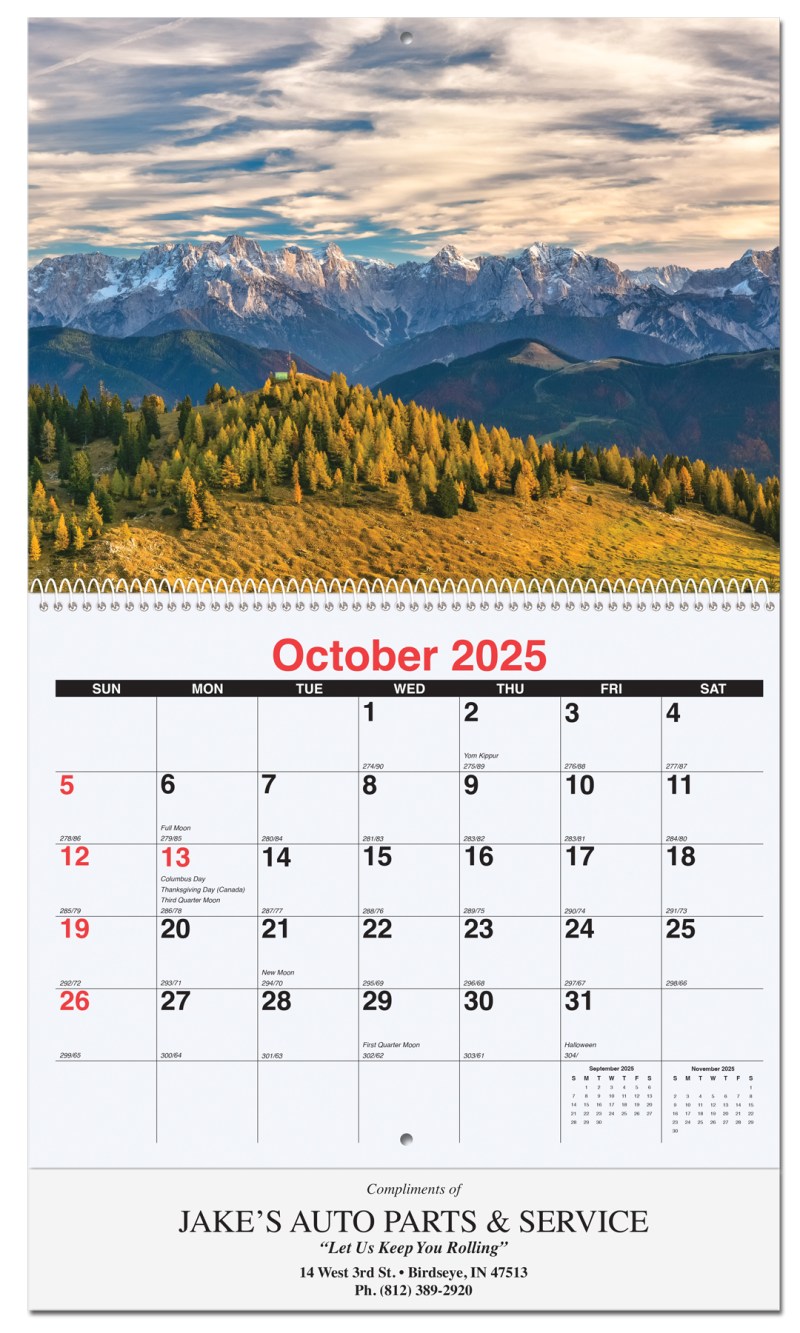 Peaceful Peaks Monthly Wall Calendar w/Coil Binding (10 5/8"x 18 ¼") 1 Peaceful Peaks Monthly Wall Calendar w/Coil Binding (10 5/8"x 18 ¼") 1