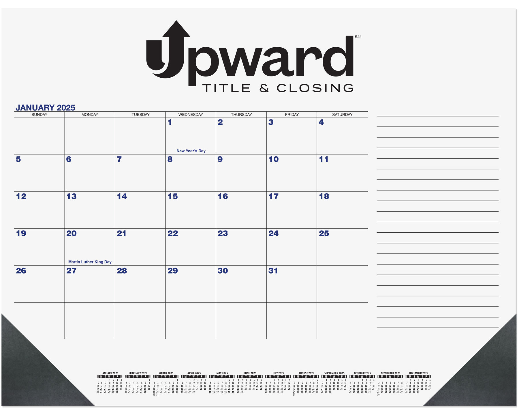 Blue & Black Calendar Desk Pad w/Side Note Lines & 1 Color Imprint (21 ¾"x 17") 1