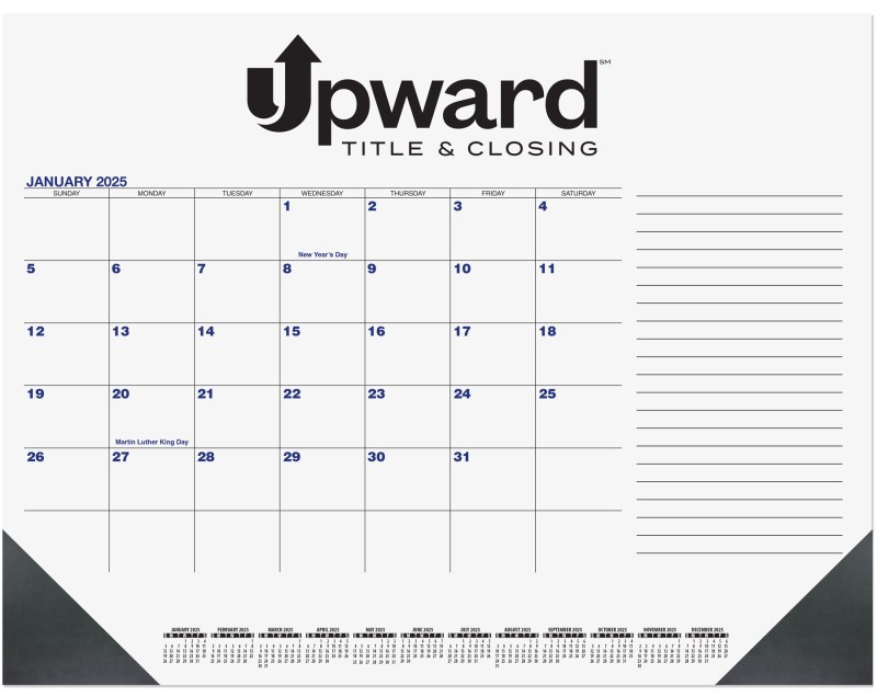 Blue & Black Calendar Desk Pad w/Side Note Lines & 1 Color Imprint (21 ¾"x 17") 1 Blue & Black Calendar Desk Pad w/Side Note Lines & 1 Color Imprint (21 ¾"x 17") 1