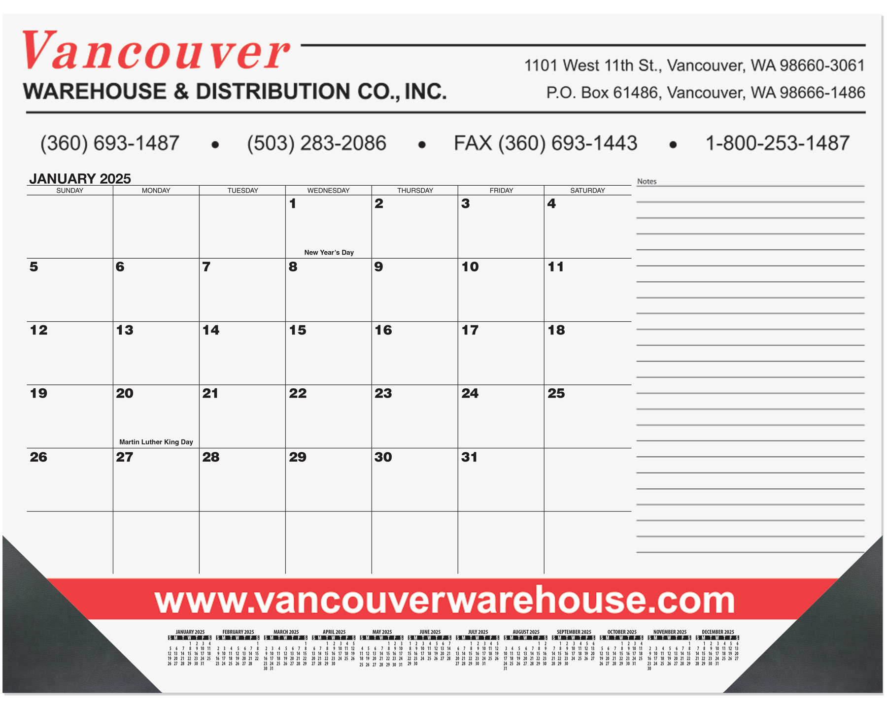 Black Calendar Desk Pad w/Side Notes Line & 2 Color Imprint (21 ¾"x 17") 1