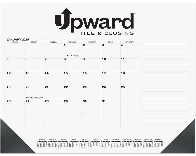 Black Calendar Desk Pad w/Side Notes Line & 1 Color Imprint (21 ¾"x 17") 1 Black Calendar Desk Pad w/Side Notes Line & 1 Color Imprint (21 ¾"x 17") 1