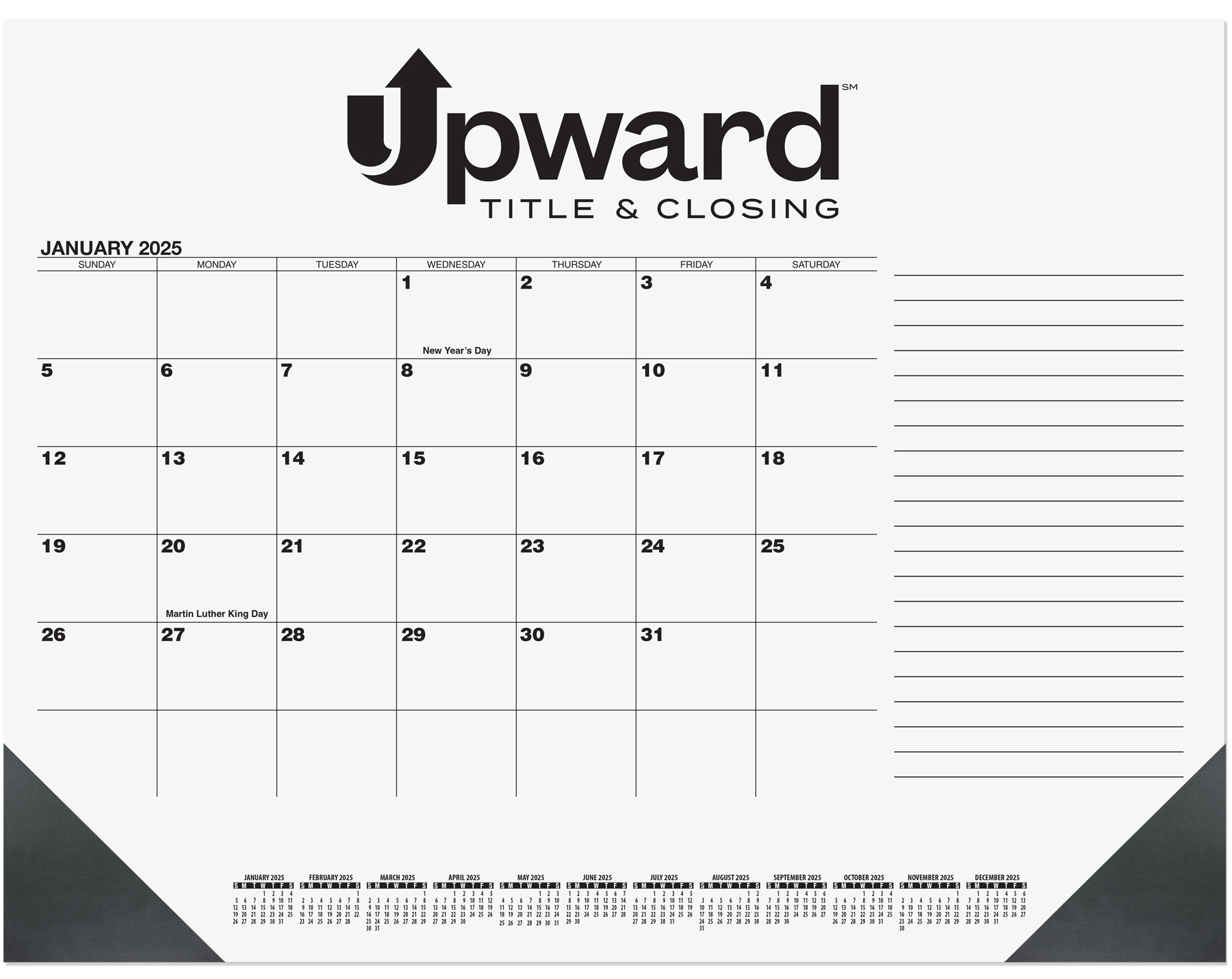 Black Calendar Desk Pad w/Side Notes Line & 1 Color Imprint (21 ¾"x 17") 1