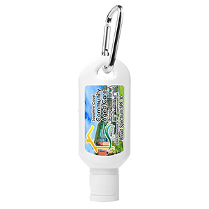"Sunny Day L" 2.0 oz Broad Spectrum SPF 30 Sunscreen Lotion in Solid White Carabiner Tottle 1 "Sunny Day L" 2.0 oz Broad Spectrum SPF 30 Sunscreen Lotion in Solid White Carabiner Tottle 1