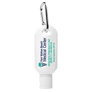 "Sunny Day" 1.0 oz Broad Spectrum SPF 30 Sunscreen Lotion in Solid White Carabiner Tottle 1 "Sunny Day" 1.0 oz Broad Spectrum SPF 30 Sunscreen Lotion in Solid White Carabiner Tottle 1