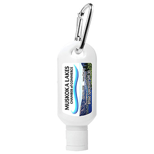 "Sunny Day" 1.0 oz Broad Spectrum SPF 30 Sunscreen Lotion in Solid White Carabiner Tottle 1 "Sunny Day" 1.0 oz Broad Spectrum SPF 30 Sunscreen Lotion in Solid White Carabiner Tottle 1