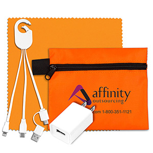 "TechPack Plus" Tech Home & Travel Kit w/Cleaning Cloth, Wall Charger, & Charging Cables 1