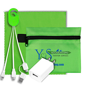 "TechPack Plus" Tech Home & Travel Kit w/Cleaning Cloth, Wall Charger, & Charging Cables 1