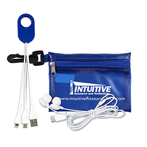 "Cambell" Mobile Tech Earbud and Charging Cables Kit In Translucent Carabiner Zipper Pouch 1