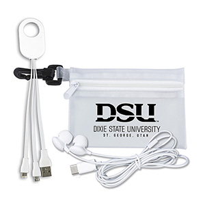 "Cambell" Mobile Tech Earbud and Charging Cables Kit In Translucent Carabiner Zipper Pouch 1