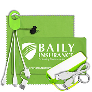 "ChargeBank" Mobile Tech Power Accessory Kit w/Cables & Cloth in Cinch Pouch 1