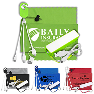 "ChargeBank" Mobile Tech Power Accessory Kit w/Cables & Cloth in Cinch Pouch 1