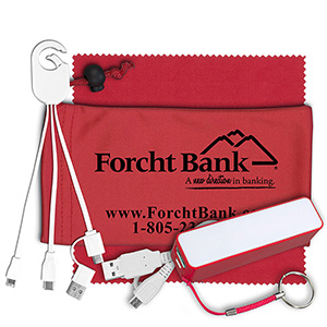 "ChargeBank" Mobile Tech Power Accessory Kit w/Cables & Cloth in Cinch Pouch 1