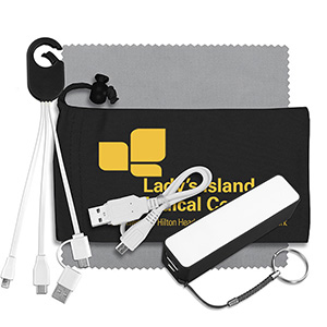 "ChargeBank" Mobile Tech Power Accessory Kit w/Cables & Cloth in Cinch Pouch 1