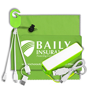 "ChargeBank" Mobile Tech Power Accessory Kit w/Cables & Cloth in Cinch Pouch 1