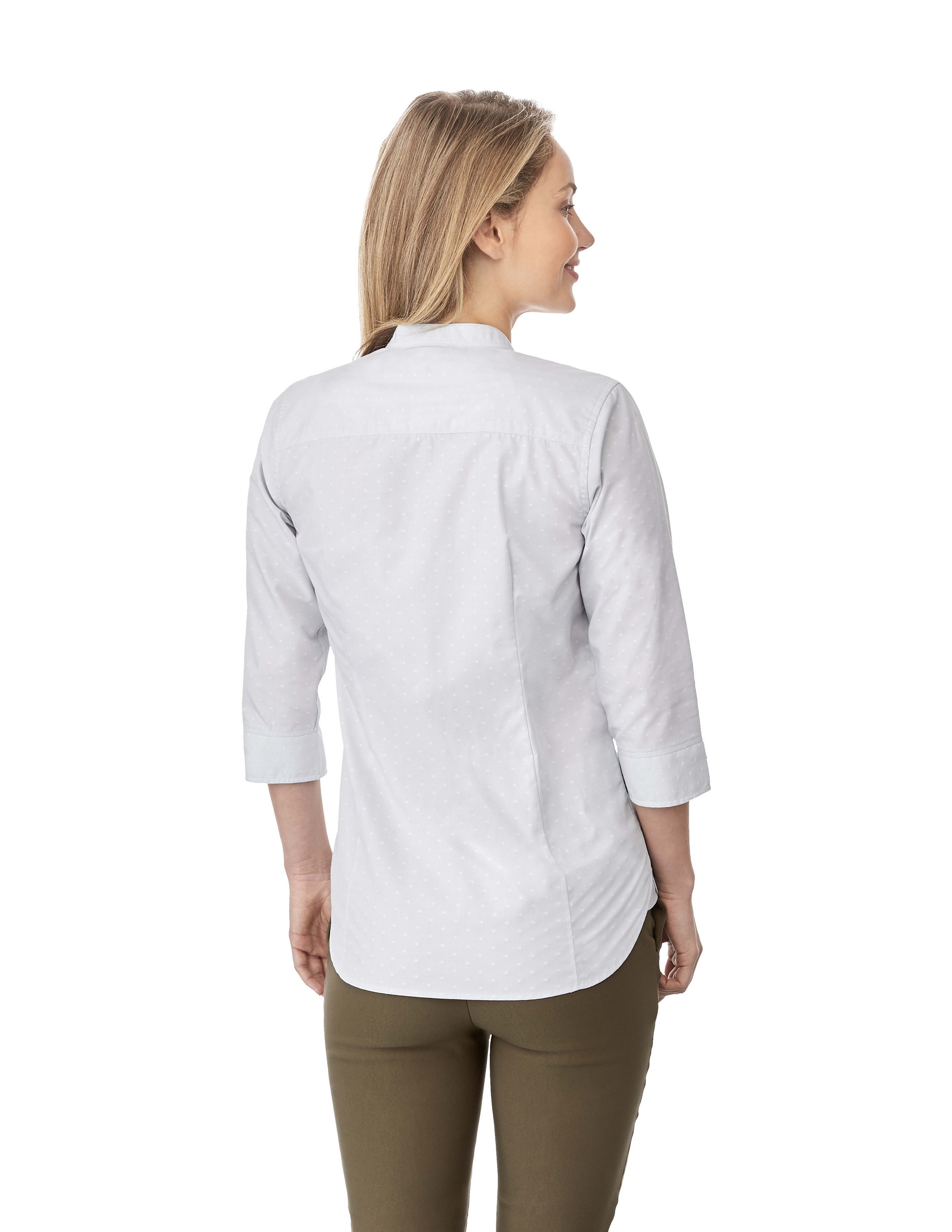 Women's HUNTINGTON Three Quarter Sleeve Dotted Mandarin Collar Button Up Shirt 1