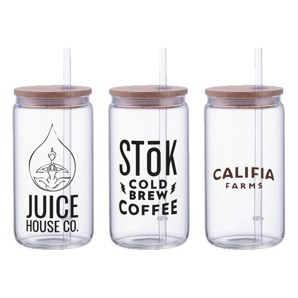 Danville 18oz Can Glass w Bamboo Lid and Straw 1 Danville 18oz Can Glass w Bamboo Lid and Straw 1