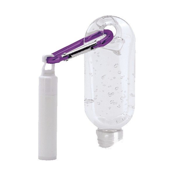 1.9 oz Clear Sanitizer with Carabiner attached to SPF 15 Lip Balm 1