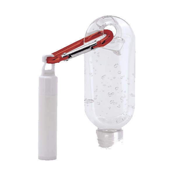 1.9 oz Clear Sanitizer with Carabiner attached to SPF 15 Lip Balm 1