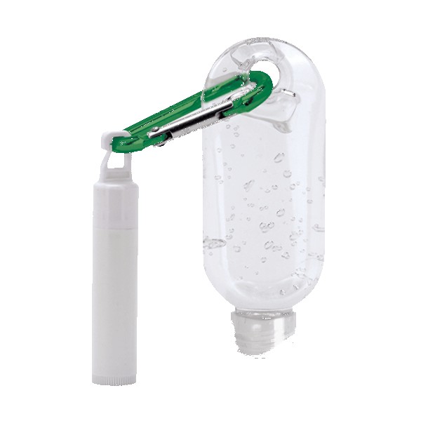 1.9 oz Clear Sanitizer with Carabiner attached to SPF 15 Lip Balm 1