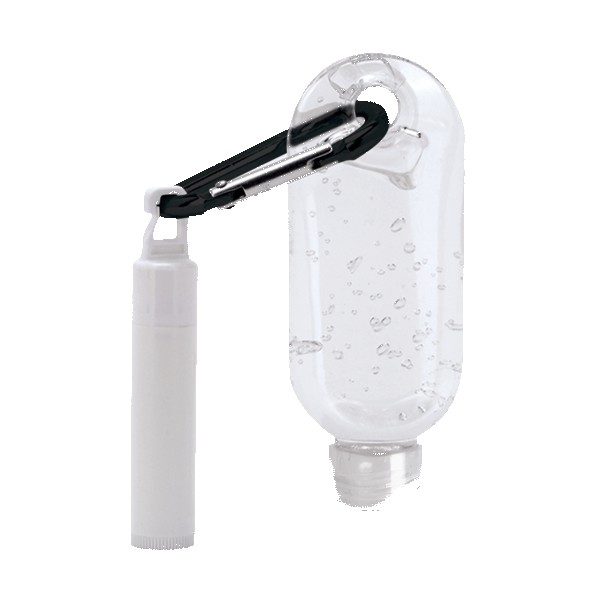 1.9 oz Clear Sanitizer with Carabiner attached to SPF 15 Lip Balm 1