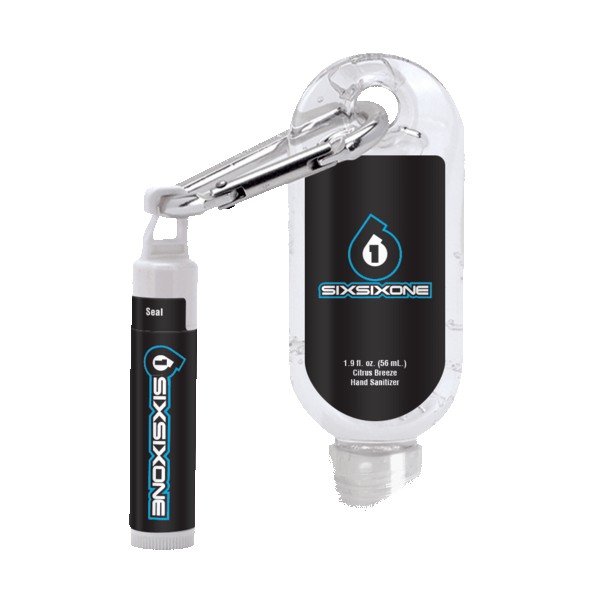 1.9 oz Clear Sanitizer with Carabiner attached to SPF 15 Lip Balm 1