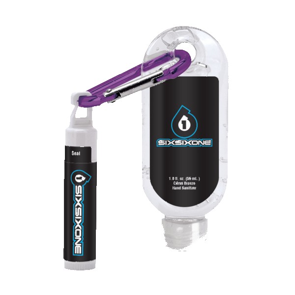 1.9 oz Clear Sanitizer with Carabiner attached to SPF 15 Lip Balm 1