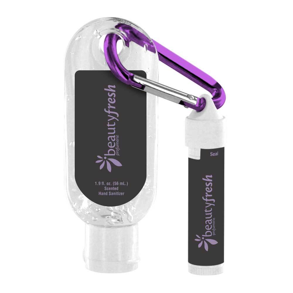 1.9 oz Clear Sanitizer with Carabiner attached to SPF 15 Lip Balm 1