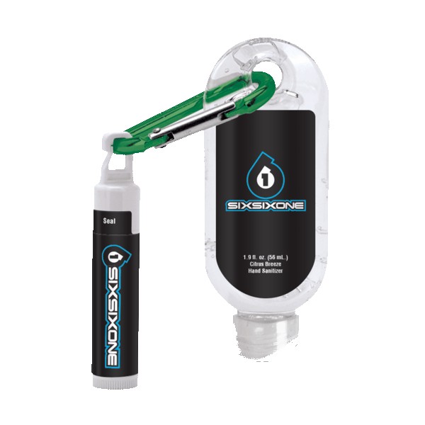 1.9 oz Clear Sanitizer with Carabiner attached to SPF 15 Lip Balm 1