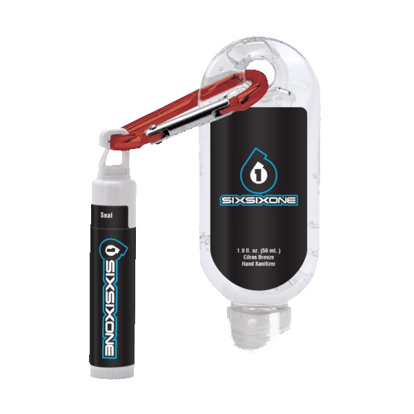 1.9 oz Clear Sanitizer with Carabiner attached to SPF 15 Lip Balm 1
