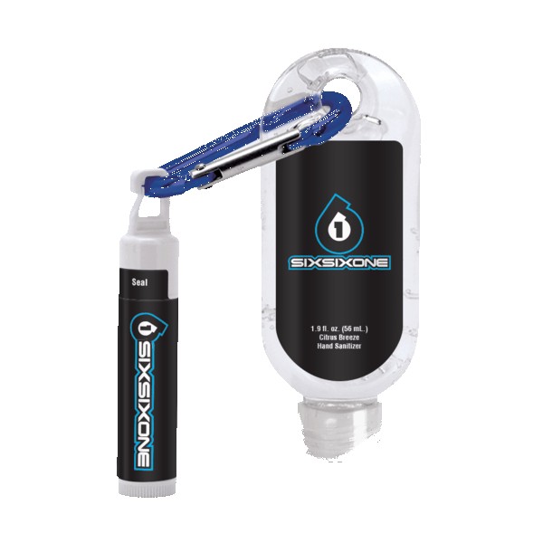 1.9 oz Clear Sanitizer with Carabiner attached to SPF 15 Lip Balm 1