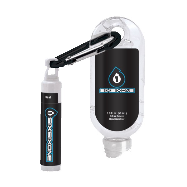 1.9 oz Clear Sanitizer with Carabiner attached to SPF 15 Lip Balm 1