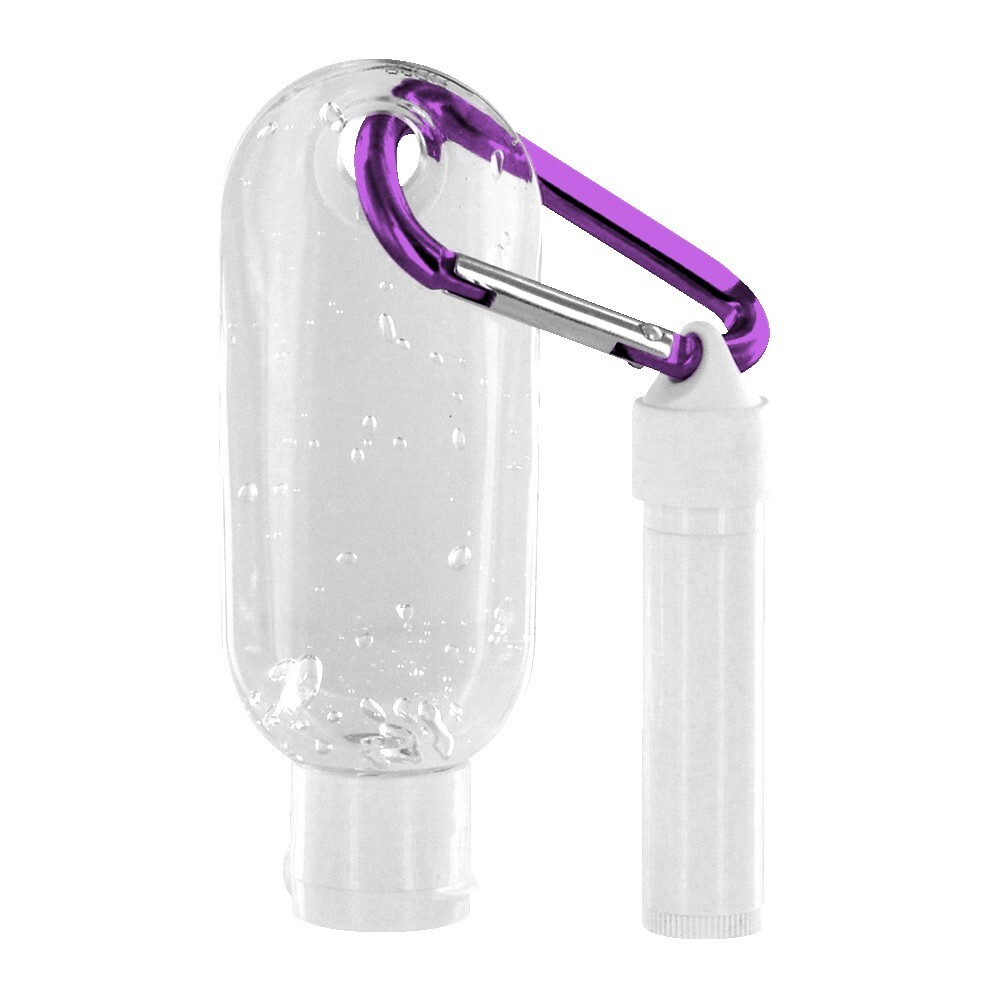 1.9 oz Clear Sanitizer with Carabiner attached to SPF 15 Lip Balm 1