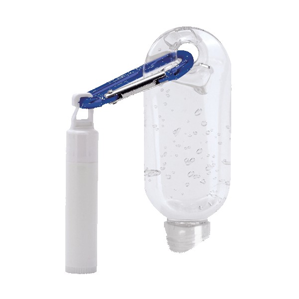 1.9 oz Clear Sanitizer with Carabiner attached to SPF 15 Lip Balm 1