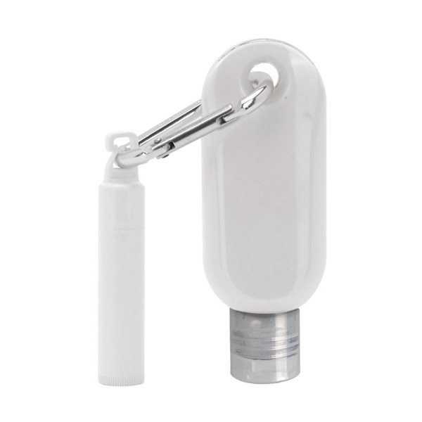 Custom 1.9 oz. SPF 50 Sunscreen with Carabiner and SPF 15 Lip Balm in White Tube with Hook Cap 1